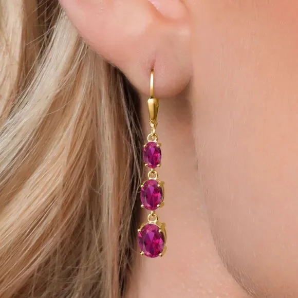 18K Yellow Gold with 5.40 Cttw 3 Stone Ruby Dangling Leverback Drop Earrings - Picture 2 of 5